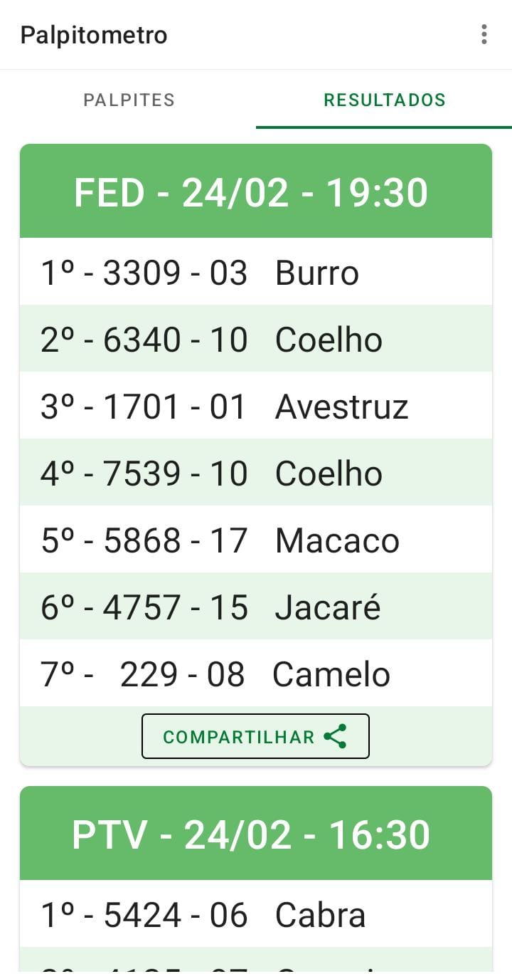Imagem da tela de resultados do aplicativo